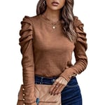 KONFEN T-Shirt Manches Longues Femme, Chemise Col Rond Manches Longues Tshirt avec Manche à Bulles, Chic Elegant Tee Shirt Décontracté Tops Coupe Etroite Automne Hiver pour Femmes, Marron XL