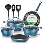 NutriChef 11 Pc Pots and Pans Set Non Stick Cookware with Ceramic Coating, Ergonomic Handles, Induction Ready, Includes Saucepan, Dutch Oven, Large & Small Fry Pans, Royal Blue