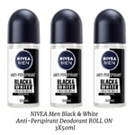 NIVEA Men Black & White Anti-Perspirant Deodorant ROLL ON 50ml, Pack of 3