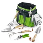 WORKPRO Outils de Jardinage, 8 Pièces, Ensemble de Jardinage en Acier Inoxydable Lourd avec Poignée de Bois, Sécateur, Gants, Sarcloir, Griffe, Fourche, Pelle à Terreau, Transplantoire pour Jardinier