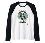 Rebellious bunny in skeleton costume with thumbs-down Raglan Baseball Tee