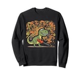 Funny T-rex Dinosaur Blowing Fall Leaves with Leaf Blower Sweatshirt