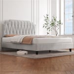 Yaheetech - Lit Double 160x200 cm avec Sommier pour Adultes 2 Personnes à Deux Places, Cadre de Lit Capitonnée, Réglable en Hauteur, en Bois Massif