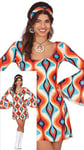 FIESTAS GUIRCA Déguisement Hippie Groovy Femme – Robe Hippie Courte Années 70 avec Bandeau Hippie – Déguisement Disco Années 60 pour Femme Taille L