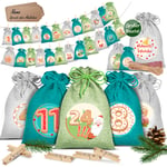 Kesser - Calendrier de l'Avent à remplir 24 sacs en jute Imprimé Sacs en tissu Calendrier de Noël pour enfants à remplir soi-même Incl. 24x