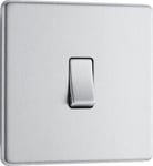 BG Electrical Screwless Flat Plate Single Light Switch, Brushed Steel, 2-Way, 10AX, Intermediate