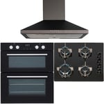 SIA 60cm Black Double True Fan Oven, 4 Burner Gas On Glass Hob & Cooker Hood Fan