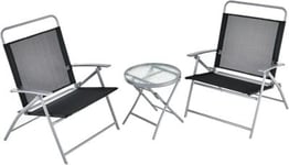 3 PCS Salon de Jardin Pliable 2 Chaises en Textilène 1 Table Basse en Verre Trempé Cadre Métallique pour Jardin Terrasse Noir