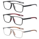 MMOWW 3 Pack Sports Reading Glasses Ultra-Light TR90 Square Frame for Men Women - Anti Blue Light Computer Reader +1.0