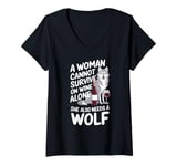 Womens Woman Cannot Survive Wine Alone She Needs Wolf V-Neck T-Shirt