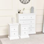 White 5 Drawer Chest Of Drawers & Pair Of 2 Drawer Bedside Tables - Slimline Haxey White Range