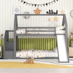 Lit superposé avec escaliers de rangement et toboggans lit de maison lit enfant avec barrières adapté aux enfants adolescents 90x200 cm gris