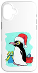 Coque pour iPhone 16 Plus Pingouin de Noël avec bonnet de Père Noël et cadeaux - Art de vacances