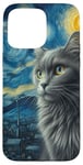 Coque pour iPhone 15 Pro Max Chat gris nuit étoilée Van Gogh Sky Painting Cats Lovers