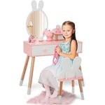 Coiffeuse Enfant 2 en 1 avec Miroir en Forme Lapin,Table de Maquillage en Bois avec Tabouret Mignon,2 Tiroirs,Étagère de Rangement,Style de Princesse