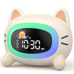 LIORQUE Reveil Enfant Educatif Jour/Nuit, Réveil Enfant avec Veilleuse, Machine Sonore, Deux Alarmes, Mode Week-End, Réveil Rechargeable d'entraînement au Sommeil pour Garçons Filles - Chat