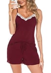 Wikoan Pyjama Femme Short Sexy Ensembles de Pyjama Court Pyjama en Dentelle Col V Cami et Shorts pour Femmes Vêtements de Nuit Été Rouge XXL