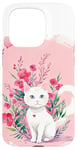 Coque pour iPhone 15 Pro Chat blanc mignon, fond rose, art floral