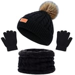 Bonnet Enfant Hiver Tricoté Tour de Cou Chaud Gants Ensemble Set de 3 Pièces Ensemble Chapeau Bonnet Écharpe Doublure Épaisse pour Fille Garçon(3-8 ans) (Noir)