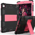 Tablet Case for iPad 5/6 Generation/Air 2/Pro 9.7 Dual Colour Silicone Protective Case with Holder Three in One Multi-Layer Protection, Black + Pink