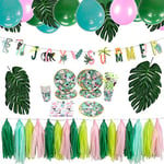 EASY JOY Décoration de Fête Jungle Party Deco Ballon Kit avec Feuilles Artificielles Tropicales Tassel Guirlande Enjoy Summer Tasse Paille en Papier Serviette Carton Jetable pour Éte Anniversaire