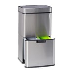 Relaxdays Poubelle de tri sélectif 3 compartiments inox 60 litres ouverture sensitive HxlxP: 74,5 x 42 x 31,5cm, argenté