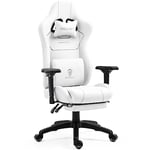 Dowinx Chaise Gaming Tissu Fauteuil de Bureau Game PC avec Repose Pieds, Chaise Gamer avec Support Lombaire de Massage, Ergonomique Siege Gamer avec Appui tête, Blanc