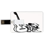 16G USB Flash Drives Credit Card Shape Western Memory Stick Bank Card Style Country Music Theme with Cowboy Shoes Hat and Guitar Instrument Sketch Art,Black and White Waterproof Pen Thumb Lovely Jump