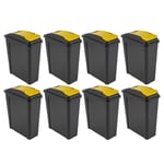 8 x 25L Slimline Recycle Bins Yellow Flap Lid Trash Waste Rubbish Tall Dustbins