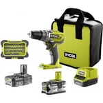 RYOBI Perceuse visseuse One+ 18V - 1 batterie 4.0 Ah - 1 batterie 1.5 Ah - 1 chargeur - 1 coffret accessoires- R18DD3-2415BSA31