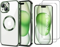 Coque Silicone Pour iPhone 15 Couleur Vert Compatible Magsafe + 2 Verres Trempe