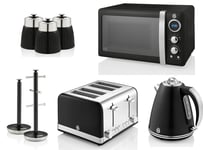 Swan Retro Black Jug Kettle 4 Slice Toaster Microwave & Kitchen Storage Set of 8