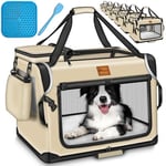 TRESKO® Boîte de transport pliable et robuste, avec tapis antifuite, spatule et bandes réfléchissantes, pour le transport des chats et des chiens en voiture, taille L 70 x 52 x 52 cm, beige