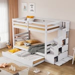 Lit superposé enfant 90x200,90x190, lit mezzanine avec lit gigogneéchelle avec rangement latéral, avec grille antichute, pin + MDF,Blanc --SUNFECILI