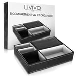 LIVIVO Deluxe 5 Compartment Valet Organiser Tray - Black Textured Leather Faux Suede Lined Mens Jewellery Storage Box with Hinged Lid - Ideal Valentines Gift for Him (Grey)