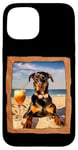 Coque pour iPhone 15 Doberman se détendre sur la plage avec boisson