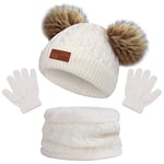 Bonnet Enfant Hiver Tricoté Tour de Cou Chaud Enfant Gants Hiver Ensemble Set de 3 Pièces Enfant Ensemble Chapeau Hiver Bonnet Écharpe Gant Tricot Doublure Épaisse pour Fille Garçon(3-5 ans) (Blanc)