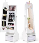 FANTASK Armoire à bijoux 2 en 1 pour enfants, armoire à miroir inclinable, avec miroir intégral, tiroir et panier de rangement, présentoir à bijoux, miroir de maquillage pour enfants à partir de 3 ans