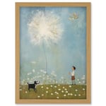 Artery8 Chasing the Giant Dandelion Dream Artwork Giant Wish Oil Painting Kids Bedroom Child and Pet Dog in Daisy Field Artwork Framed Wall Art Print A4