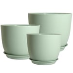 PROFIKLA 20cm, 18cm, 16cm Plastic Plant Pots, Plant Pots with Drainage Holes and Saucers, A Set of 3 Flower Pots, Modern Decorative Planters, Green