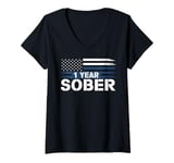 Womens One Year Sober Anniversary Recovery Gift Distressed USA Flag V-Neck T-Shirt