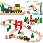 Wooden Train Set for Toddler - 39 Piece- with Wooden Tracks Fits Thomas/Brio/Chuggington/Melissa and Doug- Expandable, Changeable-Train Toy for 3 4 5 Years Old Girls & Boys