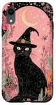 Coque pour iPhone XR Carte de tarot florale rose Pop Art croissant de lune et chat noir