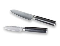ECHTWERK Set de 2 couteaux damassés, couteau Santoku env. 13cm/éplucheur env. 8cm, couteau de cuisine, couteau japonais, couteau à légumes, acier damassé, manches en bois Pakka