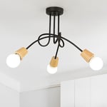 Axhup - Plafonnier Industrielle Rétro en Métal Lustre Abat-jour E27 Luminaire Moderne pour Salon Chambre Salle à Manger 3 Tête Noir et Bois