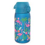 Ion8 Gourde Enfant, 350ml, Anti-Fuite, Facile à Ouvrir, Verrouillage Sécurisé, Lavable en Lave-Vaisselle, Sans BPA, Poignée de Transport, Facile à Nettoyer, Carbone Neutre, Motif Flamants Roses