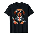 Dachshund Dog In Suit And Sunglasses Funny Graphic T-Shirt