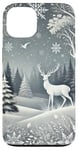 Coque pour iPhone 13 Modèle d'hiver cerfs arbres flocons de neige forêt de rêve