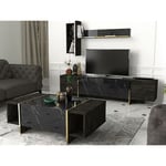 Cotecosy - Ensemble meuble tv, étagère murale et table basse Frisko Bois foncé et Effet marbre Noir - Bois / Noir