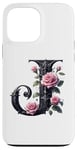 Coque pour iPhone 13 Pro Max Black Letter J Floral Monogram Initial J Rose Pink Flower